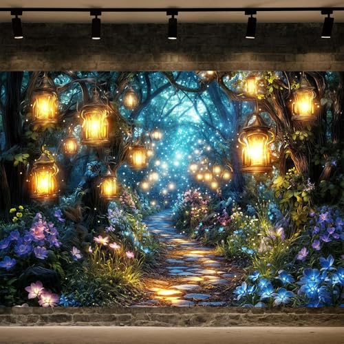 6X4FT Fairy Tale Enchanted Forest Photography Backdrop for Girl Green Woodland Flower Light Lantern Brick Road Party Background Kids Birthday Party Decorations Baby Shower Banner Photo Booth Props - color: Blue, size: 6X4FT