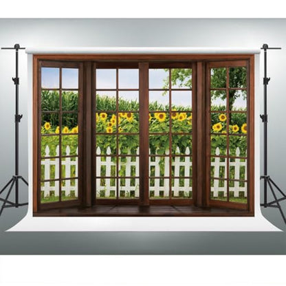 YongFoto 5x3ft Spring Window Scenery Backdrop Sunflowers Garden Rustic Fence Nature Landscape Photography Background Girl Woman Birthday Party Baby Shower Kids Adults Portrait Photo Studio Props - color: Green 4, size: 5x3ft