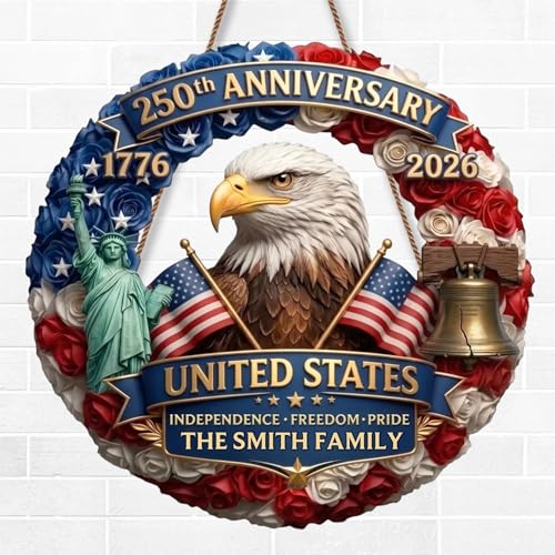 Personalized 250th Anniversary Patriotic Wood Wreath Door Sign 1776-2026, Custom Family Name Round Door Hanger, Independence Decor, Decoration Gifts, Gift For Mom, Dad, Brother, Family /17 - color: Design 17