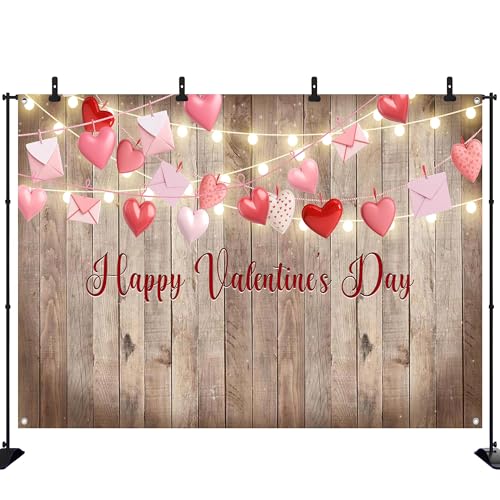 Rustic Valentine's Day Photography Backdrop 72 x 44 Inch - Wooden Happy Valentine's Day Banner with Hearts & Lights for Romantic Shoots - color: Wooden