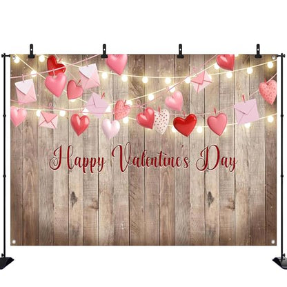 Rustic Valentine's Day Photography Backdrop 72 x 44 Inch - Wooden Happy Valentine's Day Banner with Hearts & Lights for Romantic Shoots - color: Wooden