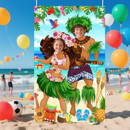 AIBIIN Hawaiian Photo Props Banner Tiki Luau Couple Door Banner Aloha Party Decorations Tropical Beach Photo Booth Background Tiki Luau Aloha Beach Party Decorations 43.3x70.8inch