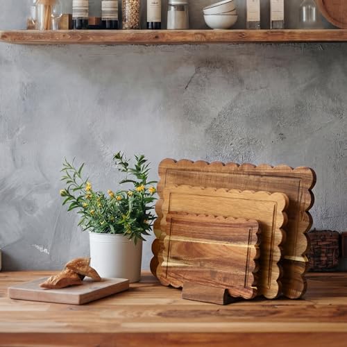 3 Pcs Acacia Wood Scalloped Cutting Boards Set with Holder, Charcuterie Board for Cheese Meat Appetizers Grazing Platter, Cottagecore Kitchen Decors, Blank for Engraving, Housewarming Gift