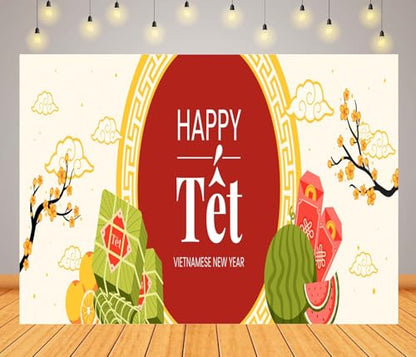 BELECO 7x5ft Fabric Happy TET Vietnamese New Year Backdrop TET Decorations Lunar New Year Background Asian New Year Party Decorations Holiday Photoshoot Studio Props - size: 7x5FT
