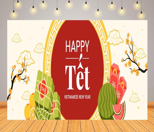 BELECO 15x8ft Fabric Happy TET Vietnamese New Year Backdrop TET Decorations Lunar New Year Background Asian New Year Party Decorations Holiday Photoshoot Studio Props - size: 15x8ft