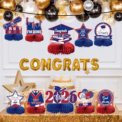 10PCS Graduation Party Decorations Class of 2026 Congrats Grad Table Centerpieces Congratulate Graduation Honeycomb Table Toppers for Graduation Party Supplies(Blue Red) - color: Blue Red