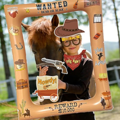 Western Cowboy Cowgirl Photo Booth Props Inflatable Frame, 17Pcs Wild West Themed Party Decoration with Large Inflatable Selfie Frames for Country Rustic Cowboy Party Selfie Supplies - size: Western Cowboy Inflatable Frame