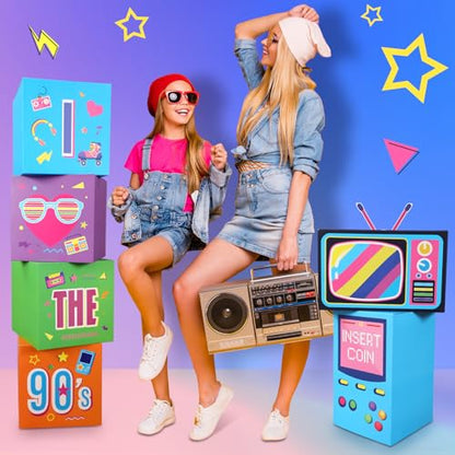 Amyhill 6 Pcs Large 90s Party Decorations Hip Hop Favor Set Paper Party Boxes Novelty Disco Theme Decoration for Retro 1980s 1990s Theme Birthday Neon Disco Music Supplies - style: 90s