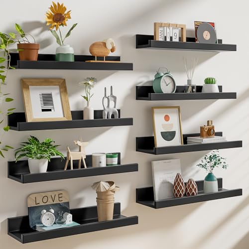 Heimlove 16 Inch Picture Ledge Shelf with Lip Set of 8,Black Floating Shelves for Wall,Wall Shelves in Varying Depths for Living Room Bedroom Bookshelf Photo Frames Nursery Book Shelves for Storage - color: Black, size: 16 inches set of 8
