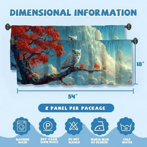 Owl Curtain, Two-Pack, Autumn Tree Branch Sky Fantasy Red Leave,Applicable to Bathroom, Bedroom, 54x18 inches. - color: Owl