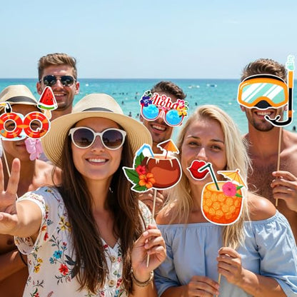 Hawaiian Party Decorations, Kaluofan 30PCS Hawaii Photo Booth Props, Beach Party Photo Booth, Hawaiian Beach Pool Birthday Party Decorations Selfie Props