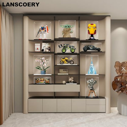LANSCOERY Acrylic Display Case, 6x6x8 in, Upgraded Thickened UV-Resistant Showcase, 98% Clarity Dustproof Box with Glossy White Base for Action Figures, LEGO & Models, Includes Scraper & LED Light - color: White, size: 6x6x8inch; 15x15x20cm