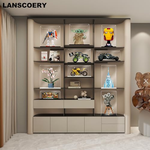 LANSCOERY Acrylic Display Case, 5.1x5.1x13 in, Upgraded Thickened UV-Resistant Showcase, 98% Clarity Dustproof Box with Glossy Black Base for Action Figures, LEGO & Models, Scraper & LED Light - color: Black, size: 5.1x5.1x13inch