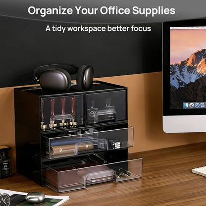 Vtopmart 2 Pack Clear Stackable Storage Drawers, 12.1''W Plastic Organizers Bins for Office Supplies, Ideal for Desk Organization, Black - style: 2pack Wide Black
