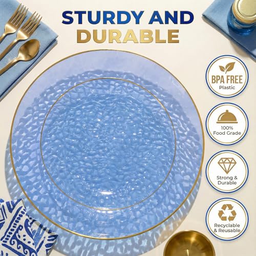 I00000 150Pcs Clear Blue Plastic Plates with Gold Rim,Blue Disposable Plates,Clear Hammer Patterned Disposable plates Set include 30 Dinner Plate,30 Dessert Plate,90 plastic Silverware Set for Party - color: Clear Blue