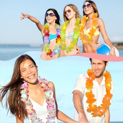 Sherr 24 Pcs LED Leis Light up Wedding Hawaiian Leis Flower Necklace with LED Lights Beach Tropical Carnival Party Wedding Supplies Luau for Masquerade(Summer Color) - color: Summer Color