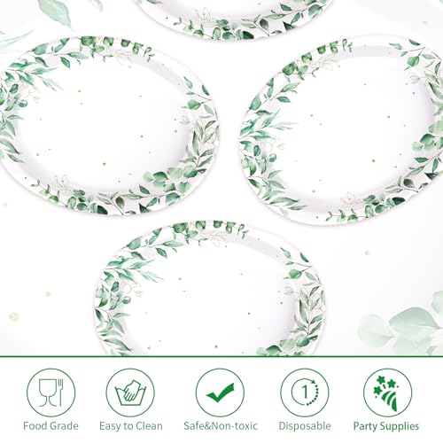 50Pcs Sage Green Oval Paper Plates 10" x 12" Large Disposable Heavy Duty Watercolor Eucalyptus Paper Platters Sage Floral Green Leaves Dessert Plates for Baby Shower Picnic Wedding Dinner Supplies - style: 50Pcs Spring Eucalyptus Oval Plates