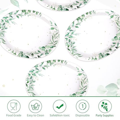50Pcs Sage Green Oval Paper Plates 10" x 12" Large Disposable Heavy Duty Watercolor Eucalyptus Paper Platters Sage Floral Green Leaves Dessert Plates for Baby Shower Picnic Wedding Dinner Supplies - style: 50Pcs Spring Eucalyptus Oval Plates