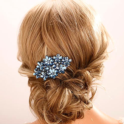 Aimimier Flower Crystal Hair Barrettes Shiny Rhinestone Hair Spring Clips Hair Pins Bridal Hairpiece Wedding Hair Accessories for Women (Blue) - color: Blue