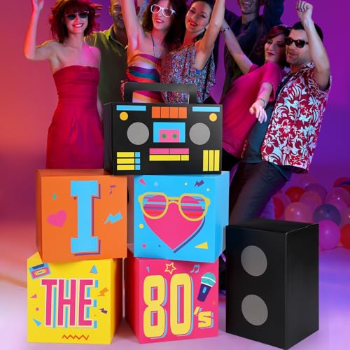 Amyhill 6 Pcs Large 80s Party Decorations Hip Hop Favor Set Paper Party Boxes Novelty Disco Theme Decoration for Retro 1980s 1990s Theme Birthday Neon Disco Music Supplies - style: 80s