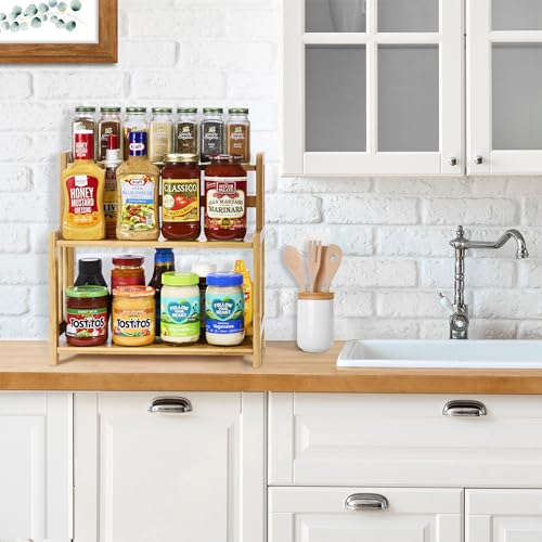 Sorbus Kitchen Countertop Organizer Bamboo Wooden Counter Storage Shelf Rack for Spice, Soap, Skin Care, Makeup Display Stand, Bathroom Shelves, Vanity, Office (3-Tier)