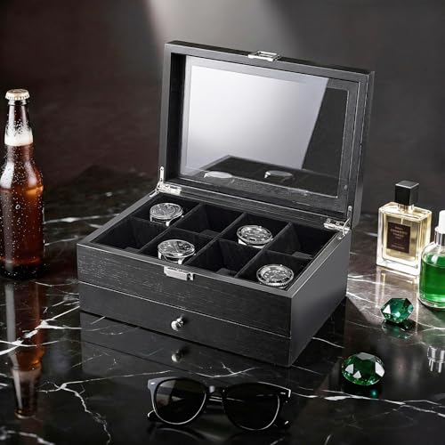 ProCase Wooden Watch Case, 8 Slot Mens Watch Box with Drawer, 2-Layer Mens Jewelry Box Storage Holder Organizer Display Case, Anniversary Birthday Gifts for Men Women -8 Slot, Black - color: Black, size: 8-Slot