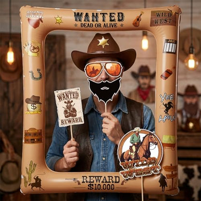 Western Cowboy Cowgirl Photo Booth Props Inflatable Frame, 30Pcs Wild West Photo Props with Large Inflatable Picture Frame for Country Rustic Cowboy Party Selfie Supplies - color: Western Cowboy
