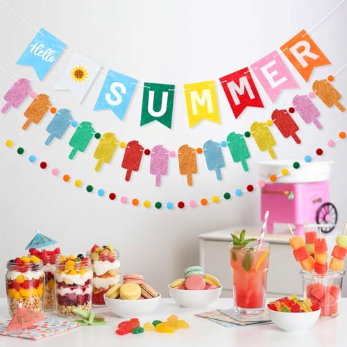 Chumia "hello Summer" ice pop Sucker Banner with Pom-pom Bunting Sucker for Party Wall Decor Hello Summer Banner for Holiday Birthday Carnival Photo Props Farmhouse Indoor Mantels Displays