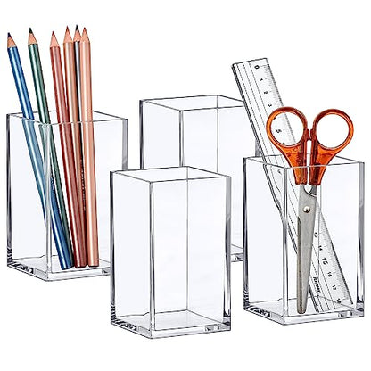 Amazing Abby - Penelope - 4-Pack Pen Holder, Acrylic Pen Holder, Clear Plastic Organizer for Office Supplies, Perfect Office Desktop Storage Solution for Pencils, Pens, Markers, Scissors, and More - style: 4-Pack