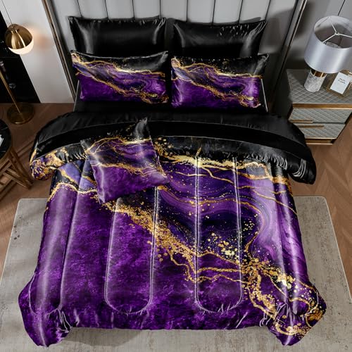 Purple Satin Comforter Set Gray Marble Bedding Queen Purple Marble Stone Bedroom Decor Artwork Abstract Comforter Silk Like Silky Bed in A Bag with Comforter and Sheets - color: Purple, size: Queen