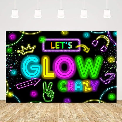 Neon Glow Party Decorations Supplies Backdrop 5x3ft Glow in The Dark Let’s Glow Banner Photography Background Birthday Sleppover Graffiti Splash Paint Black Light Kids Photo Booth - size: 5x3ft