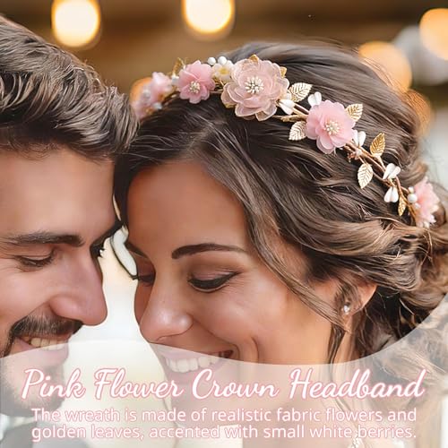 MEMOVAN Pink Flower Crown Headband Rose Floral Headpiece Adjustable with Gold Leaf Bohemian Fairy Flower Renaissance Hair Wreath Accessory for Girls Women Birthday Wedding Party Photo Props - color: pink