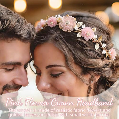 MEMOVAN Pink Flower Crown Headband Rose Floral Headpiece Adjustable with Gold Leaf Bohemian Fairy Flower Renaissance Hair Wreath Accessory for Girls Women Birthday Wedding Party Photo Props - color: pink