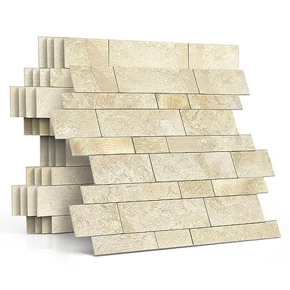 MOFIT Backsplash Tile for Kitchen Peel and Stick Stone Matte Finish,Bathroom Tiles Stickers 3D Wall Panel Linear Mosaic Marble Backsplash Waterproof(5sheets,Beige Gold) - color: Beige Gold, size: 5sheets