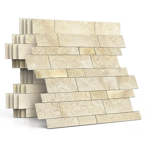 MOFIT Backsplash Tile for Kitchen Peel and Stick Stone Matte Finish,Bathroom Tiles Stickers 3D Wall Panel Linear Mosaic Marble Backsplash Waterproof(5sheets,Beige Gold) - color: Beige Gold, size: 5sheets