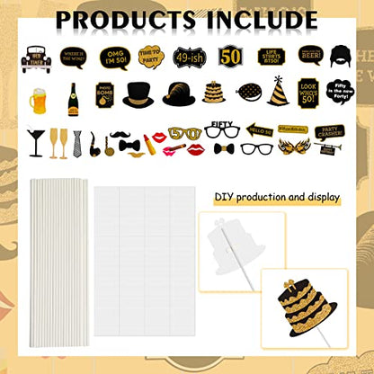 50th Birthday Photo Booth Props - 41 Pcs Black and Gold Funny Birthday Party Decorations for Men & Women, Fifty and Fabulous Anniversary Party Supplies,50th Printed Gold Glitter Selfie Props Kit