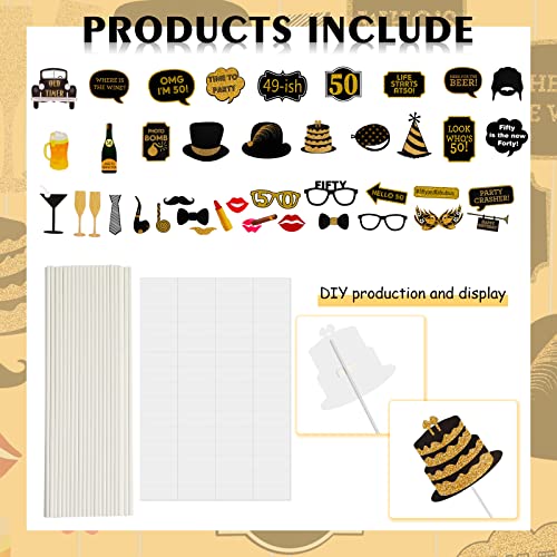 50th Birthday Photo Booth Props - 41 Pcs Black and Gold Funny Birthday Party Decorations for Men & Women, Fifty and Fabulous Anniversary Party Supplies,50th Printed Gold Glitter Selfie Props Kit