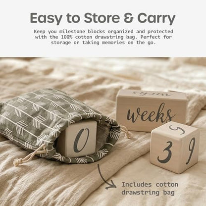 Pondering Pine Baby Milestone Blocks - Natural White Stain Pine Wood with Weeks Months Years Grade - Milestones Age Block Set with Bag, Newborn Weekly Monthly First Year Picture Props, Earth Friendly - color: White, size: 3 Piece