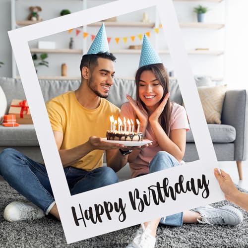 Beeveer 32 x 24 Inch Extra Large Happy Birthday Photo Booth Selfie Frame Props Picture DIY Cutouts Photo Backdrop Cardboard Props for Party Supplies Favors(Vertical,White) - color: White Blank, style: Happy Birthday