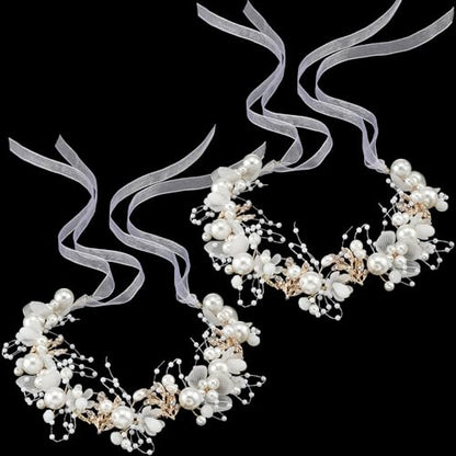 Retrowavy 2 Pcs Flower Girl Headpiece, Flower Girl Hair Accessories Rhinestone Crystal Princess Pearl Headband Bridal Hair Headband for Wedding First Communion(Gold) - color: Gold