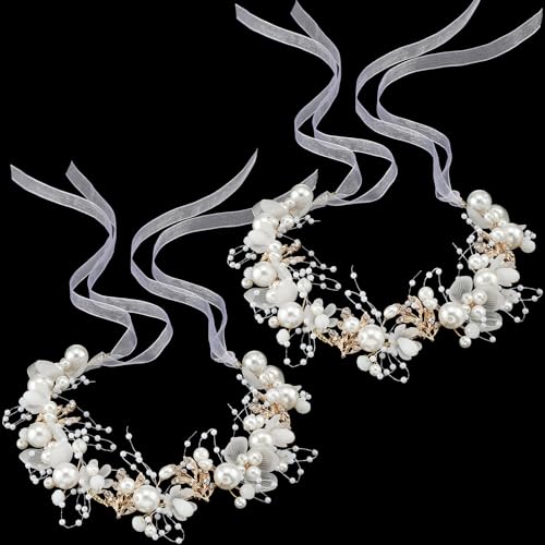 Retrowavy 2 Pcs Flower Girl Headpiece, Flower Girl Hair Accessories Rhinestone Crystal Princess Pearl Headband Bridal Hair Headband for Wedding First Communion(Gold) - color: Gold