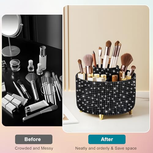 Diesisa Bling Diamond 360° Makeup Brush Holder Organizer, Rotating Makeup Brush Organizer,5 Slot Make up Brushes Cup for Cosmetics, Vanity Desktop Organizer, Gift for Women Teen Girls- Diamond Black - color: Diamond Black