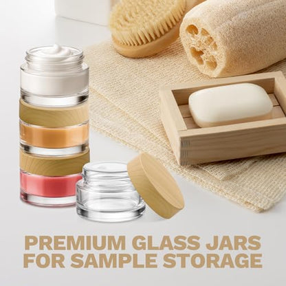 Bumobum 48 Pcs 5 Grams Glass Cosmetic Jars with Plastic Wood-Grain Lids, 5 ml Lip Balm Containers Empty Tiny Sample Jars for Lip Scrub Makeup Eye Cream Travel - color: 5g-48pack