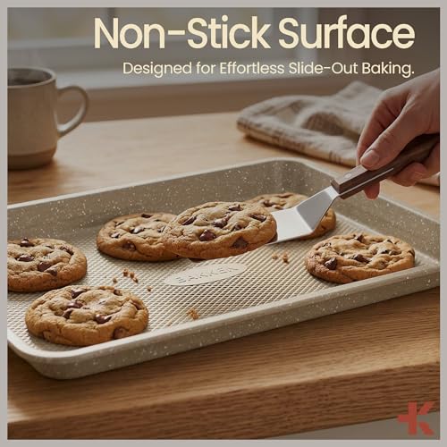 Diamond Bottom Cookie Sheet Set of 2, Nonstick White Marble Carbon Steel Baking Pans for Crisp Baking, Space-Saving Stackable Trays, PFOA, PFOS, PTFE Free, Oven Safe Up to 450°F, Small & Medium Pans - color: White Marble, size: Pack of 2