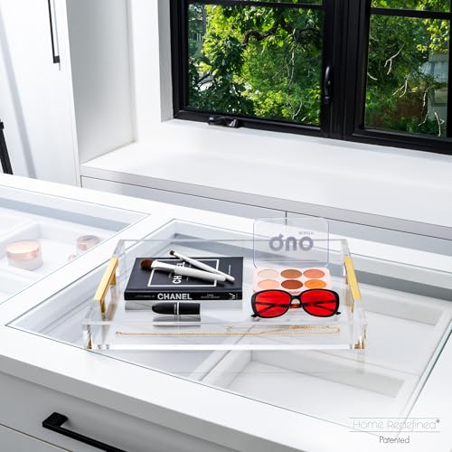 Modern 16"x12" Rectangle Acrylic Lucite Plastic Decorative Serving Tray with Gold Polished Stainless Steel Metal Handles Home Decor Ottoman Coffee Table Makeup Perfume Display Vanity By Home Redefined - color: Clear/Gold