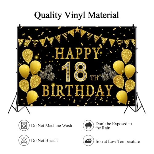 9x6ft Happy 18th Birthday Party Photography Backdrop, Glitter Black and Gold Balloons Background for Girl Boy 18th Bday Shining Diamond Eighteen Years Old Birthday Party Supplies - color: 18th, size: 9x6ft