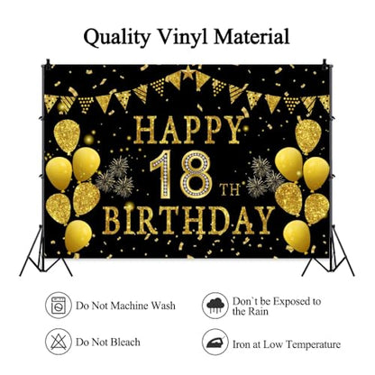 9x6ft Happy 18th Birthday Party Photography Backdrop, Glitter Black and Gold Balloons Background for Girl Boy 18th Bday Shining Diamond Eighteen Years Old Birthday Party Supplies - color: 18th, size: 9x6ft