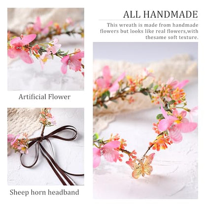 MOSTORY Handmade Fairy Butterfly Crown - Elf Flower Hadpiece Elven Headband for Women s Spring Wedding Maternity Shoot - color: Pink-red
