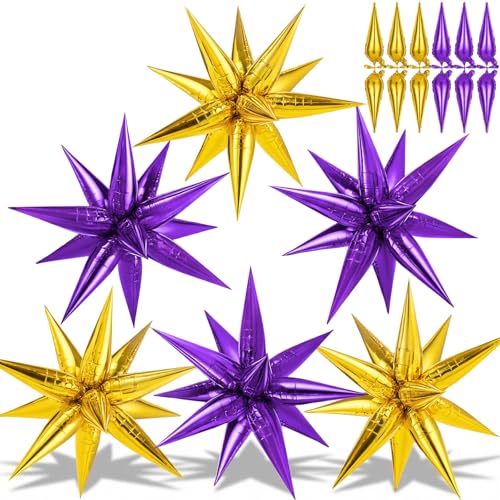 74 PCS Purple Gold Star Balloons Foil, 26 Inch Large Explosion Cone Balloons, 12 Spike Mylar Balloon for Birthday Graduation Prom Festival Ceremony Party Decorations - color: Purple, Gold, 26 Inch