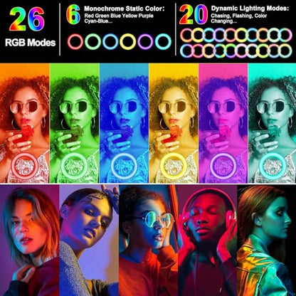 10.3" Selfie Ring Light with Stand and Phone Holder, 73" Tripod, 96 RGB Lighting Modes, Remote for iPhone &Android Camera. LED Halo Light for Photo, Video Recording, TikTok. Circle Ringlight Dimmable - size: 10.3 inch - 29 RGB Lighting Modes